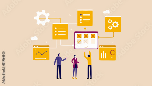 Team collaborating on a workflow process with diagrams and charts in a business setting illustration