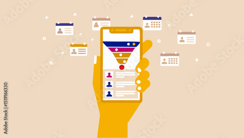 Hand holding phone displaying sales funnel with leads and calendar icons in the background view