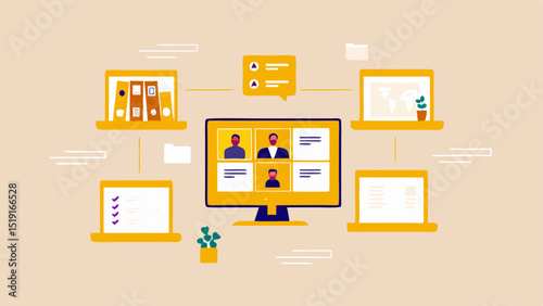 Illustration of a video conference call with laptops and documents connected to a central monitor