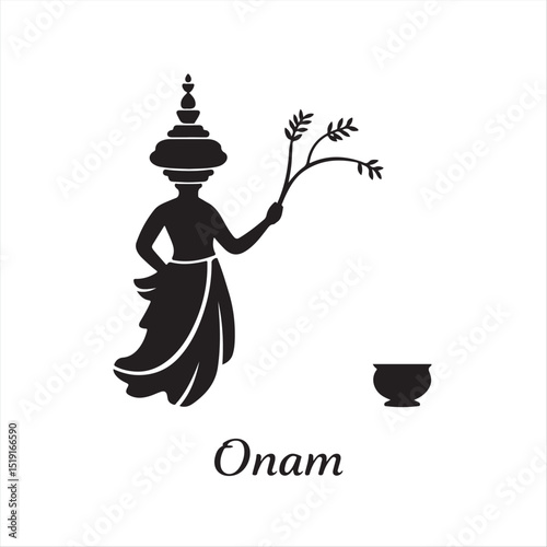 A timeless and elegant vector silhouette of Onam, rendered in classic black and white, employing a modern flat design aesthetic