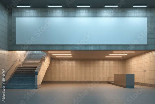 A wide, blank billboard hangs above a staircase and underpass in a subway station.  The walls are tiled, lit by recessed lights, creating a modern, clean aesthetic