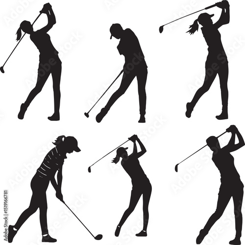 A set of golf female swing silhouette illustrations featuring various player poses in action. This black vector pack is perfect for sports-themed designs, apparel, digital art, and SVG crafting.