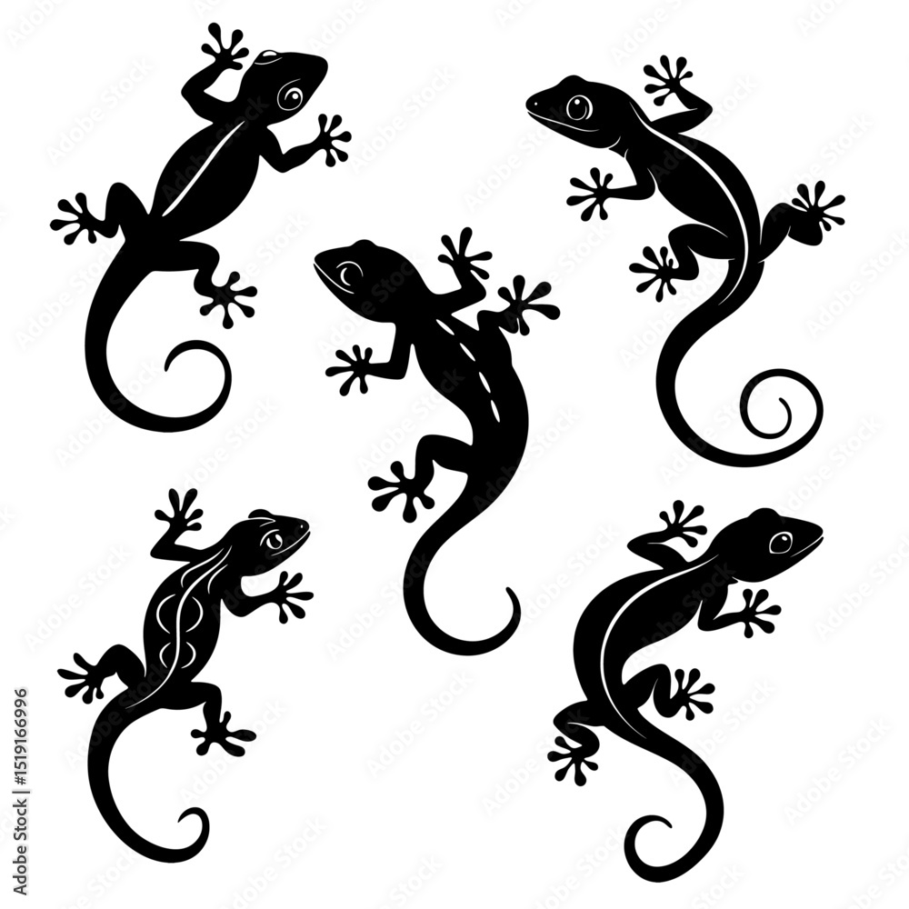 Fototapeta premium Five lizard silhouettes for various design projects.