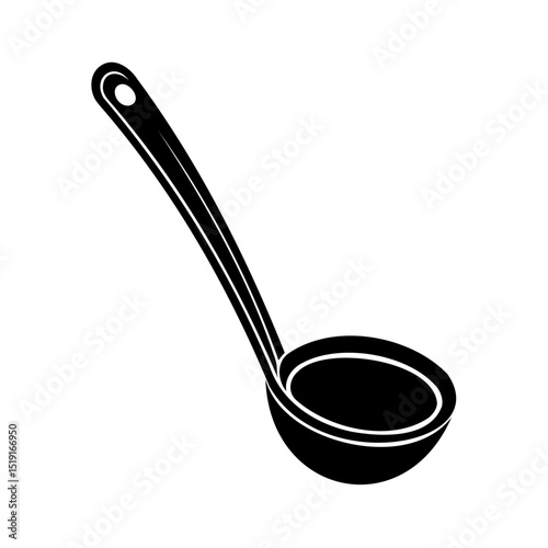 Simple black and white illustration of a kitchen ladle for cooking and food preparation
