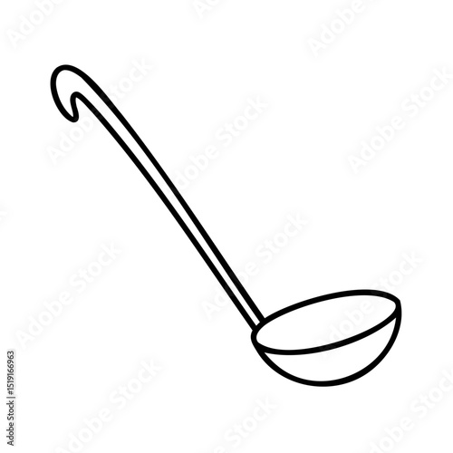 Simple black line art illustration of a kitchen ladle tool for cooking and serving