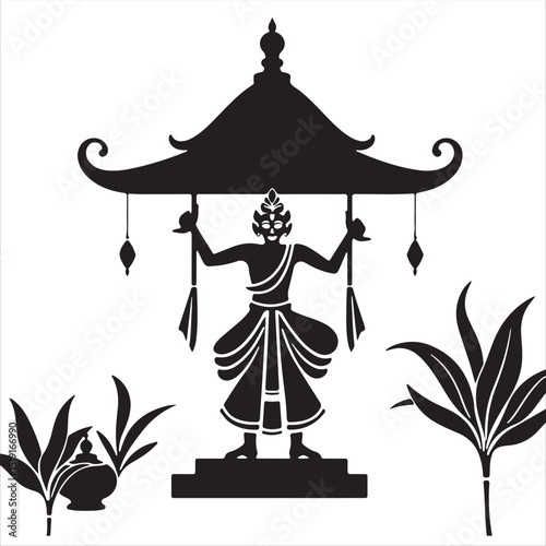 Modern flat design black and white vector silhouette of Onam on a white background. The style is classic, elegant, and simple, using only two-dimensional shapes