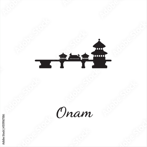 Simple, elegant black and white vector silhouette of Onam, created using a modern flat design style.  The image features two-dimensional shapes on a white background, emphasizing timeless elegance