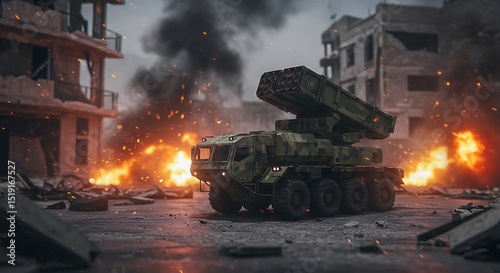 Armored military vehicle in war zone with fire and destruction