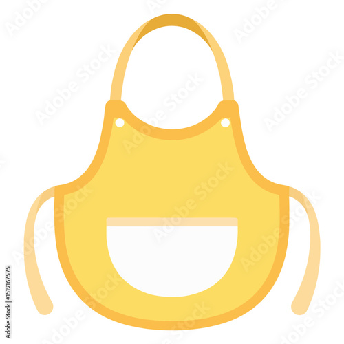 Yellow apron with light trim a rounded neck strap  a halfcircle pocket Two hanging loops are present on the sides