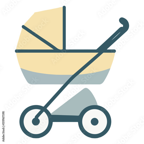 A baby stroller illustration featuring a yellow seat and a bluishgray base and wheels