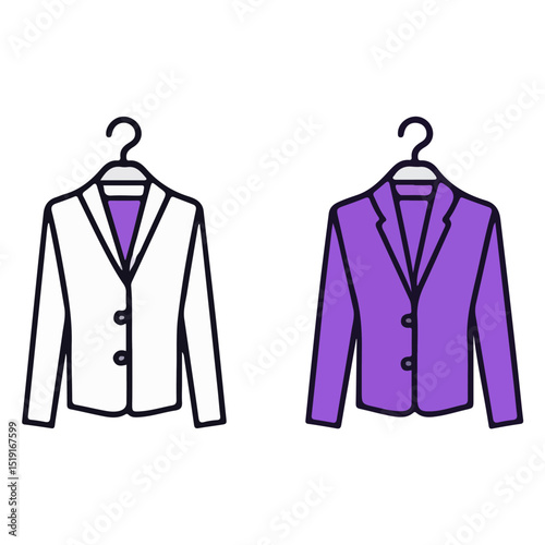 Two blazers one white and one purple hang sidebyside from hangers each closed with buttons