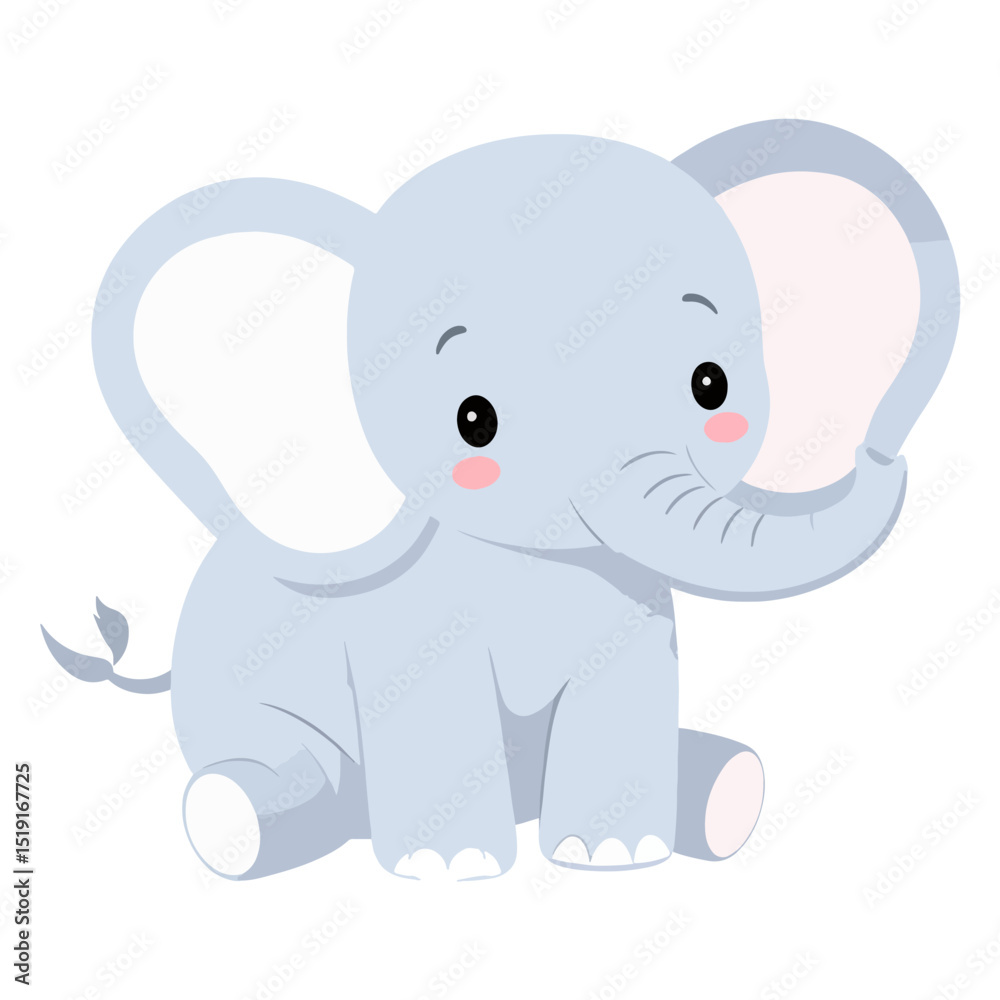 Naklejka premium A light blue cartoon elephant sits with blush cheeks and round ears