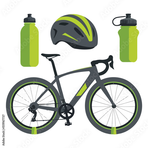 A grey bicycle and cycling gear against a white background