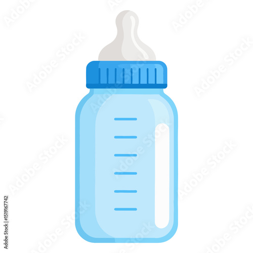 A lightblue baby bottle with a white nipple marked with horizontal lines implying graduations for measuring liquid