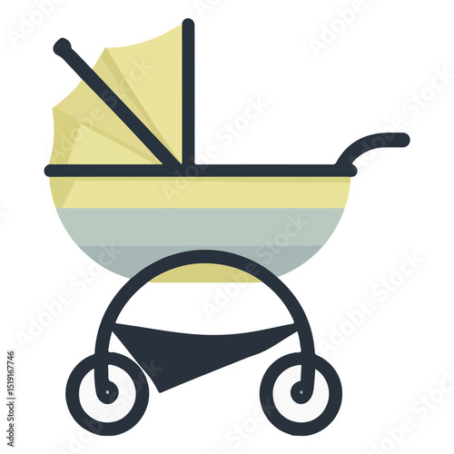 A stylized baby carriage featuring a canopy striped body and wheels with dark outlines against a white backdrop