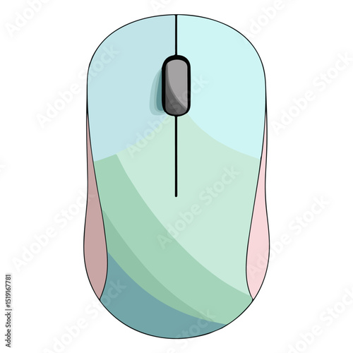 A stylized computer mouse features pastel color gradients and a central scroll wheel against a white backdrop