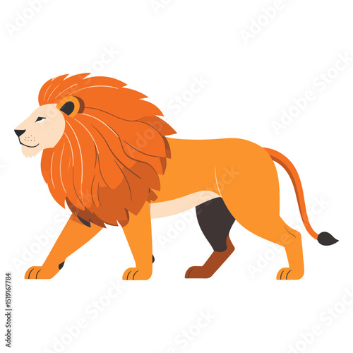 A stylized cartoon lion with an orange mane tan fur and a blacktipped tail walks to the left