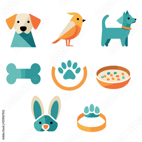 Features a series of flatstyle animal icons including a dog bird bunny paw print logo and bowl of food