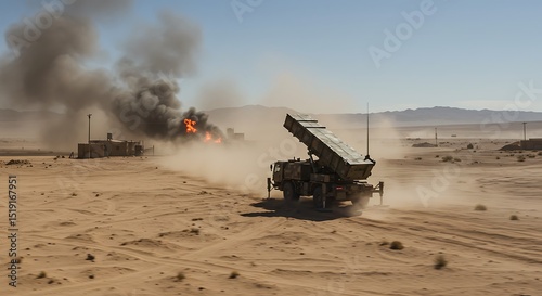 Military vehicle moving through desert scene with smoke and flames