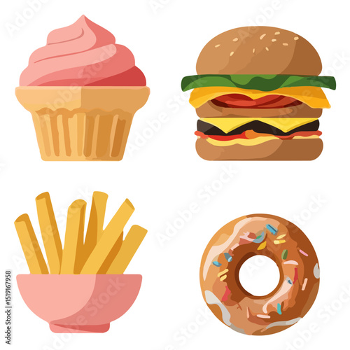 Four foods a cupcake burger fries in a bowl and a doughnut