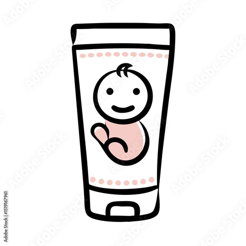 Baby lotion tube icon with playful design and smiling baby illustration  