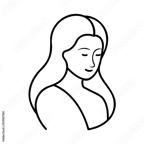Elegant line art portrait of a serene woman with long flowing hair and closed eyes