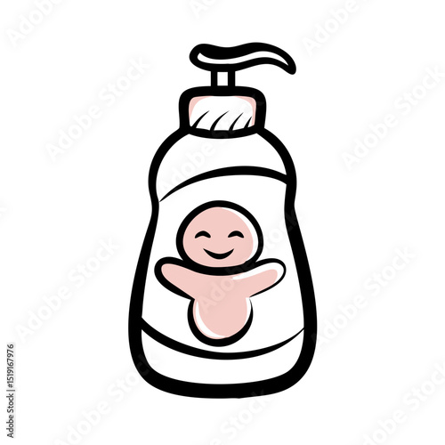 Baby shampoo bottle icon with smiling infant illustration on label  