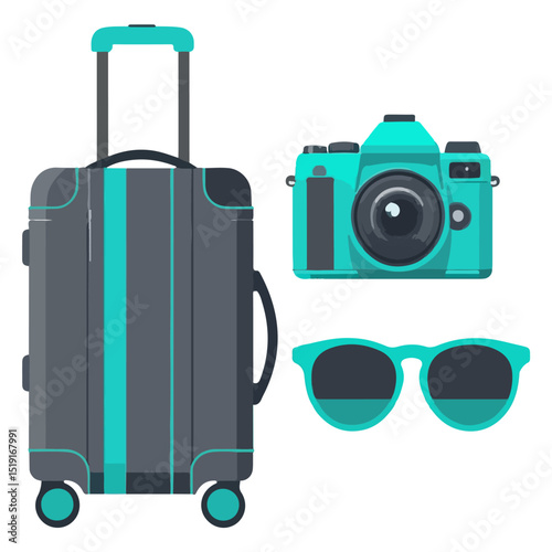 Illustration of a suitcase camera and sunglasses against a white background styled with flat design elements