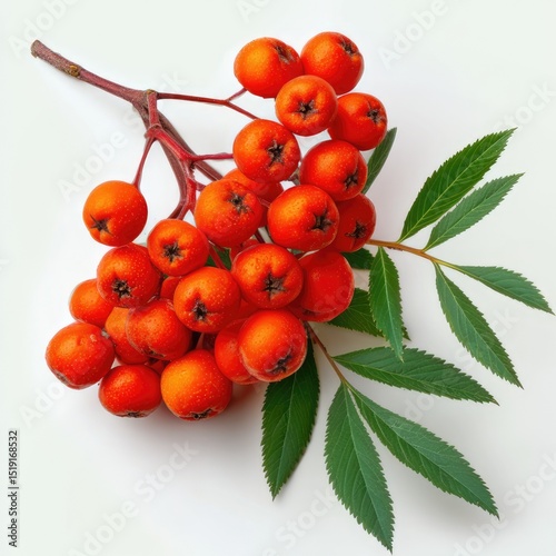Bright red mountain ash berries with green leaves contrasted against a white background, showcasing their vibrant colors