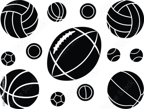 Collection of various sport balls icons in black and white