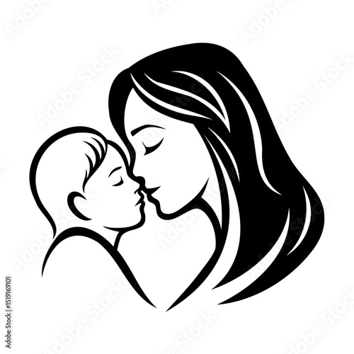 Mother and baby in close embrace simple black and white illustration of love