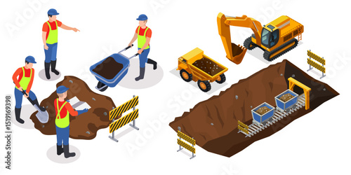 Isometric Illustration of Construction Workers and Heavy Equipment in Excavation. An isometric view of a construction site, showing workers using shovels, wheelbarrows, and heavy machinery.