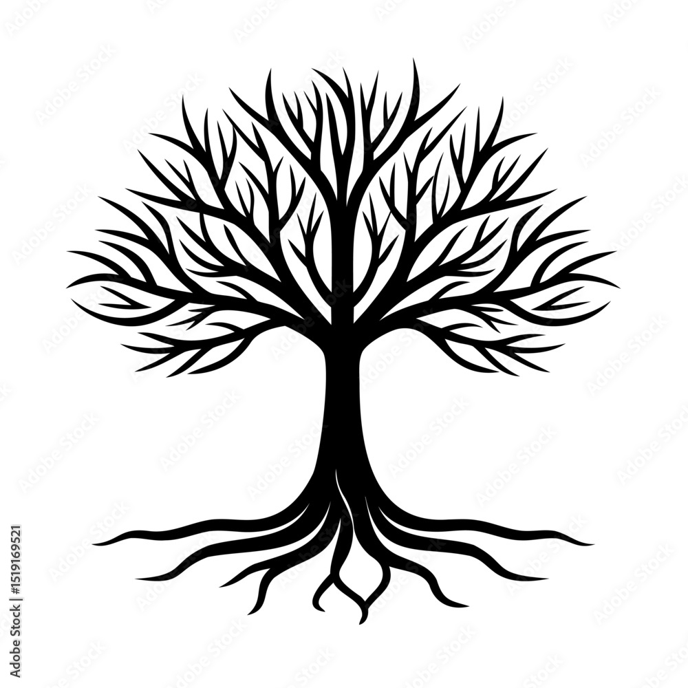 Obraz premium Classic black tree illustration with roots depicting growth and life on white background