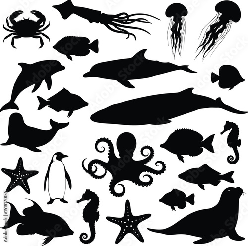 Diverse collection of silhouetted marine animals and sea creatures on a white background