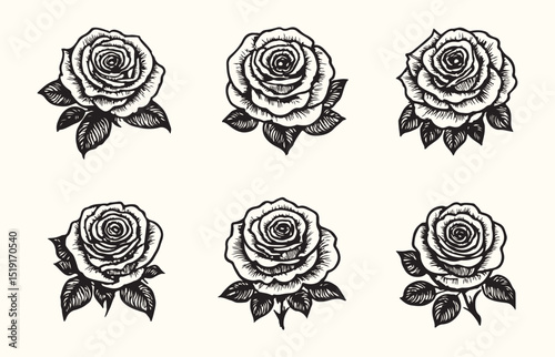Set of decorative roses with leaves. Flower silhouette.