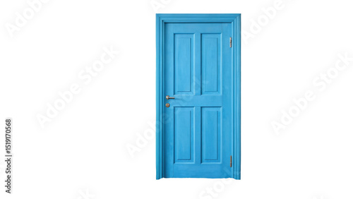 Classic light blue wooden door with metal handle and transparent background, ideal for concepts related to new opportunities, choices and beginnings