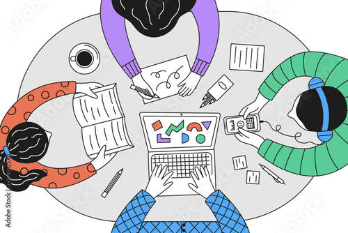  Top view vector illustration of people studying at one table using different methods: laptop, book, smartphone, and paper. Combines online and offline education in a modern setting.