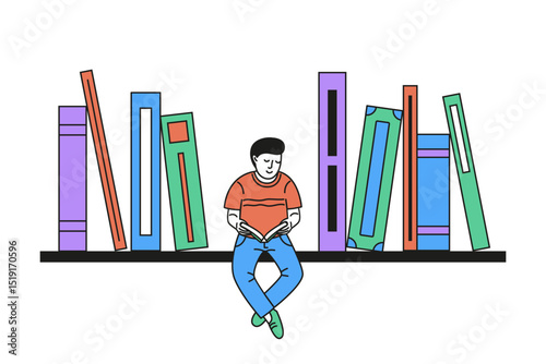 Vector illustration of a boy sitting on a bookshelf and reading a book. Cozy scene symbolizing love for reading, knowledge, and imagination.