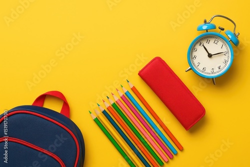 Back to School Essentials: An overhead shot of colorful stationery and school items on a vibrant yellow background, capturing the anticipation of a new school year