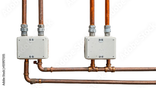 Copper pipes and electrical junction boxes are connected and creating a complex network against a transparent background, perfect for industrial designs and concepts