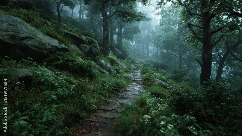 Fototapeta premium Ethereal forest trail leading into misty woodlands landscape with lush greenery