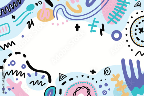 Colorful Abstract Composition with Playful Shapes and Decorative Elements Doodles