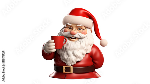 Cheerful Santa with Coffee Mug on Transparent Background