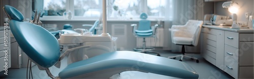 Inside a dentist office, a light blue dental chair stands ready for patients
