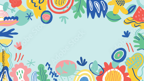 Playful Abstract Floral Border with Bold Colors and Whimsical Shapes Doodles