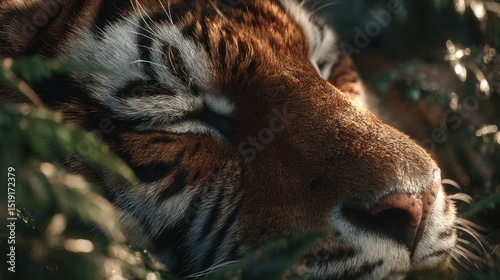 Close-up of a serene tiger resting peacefully amidst lush greenery foliage