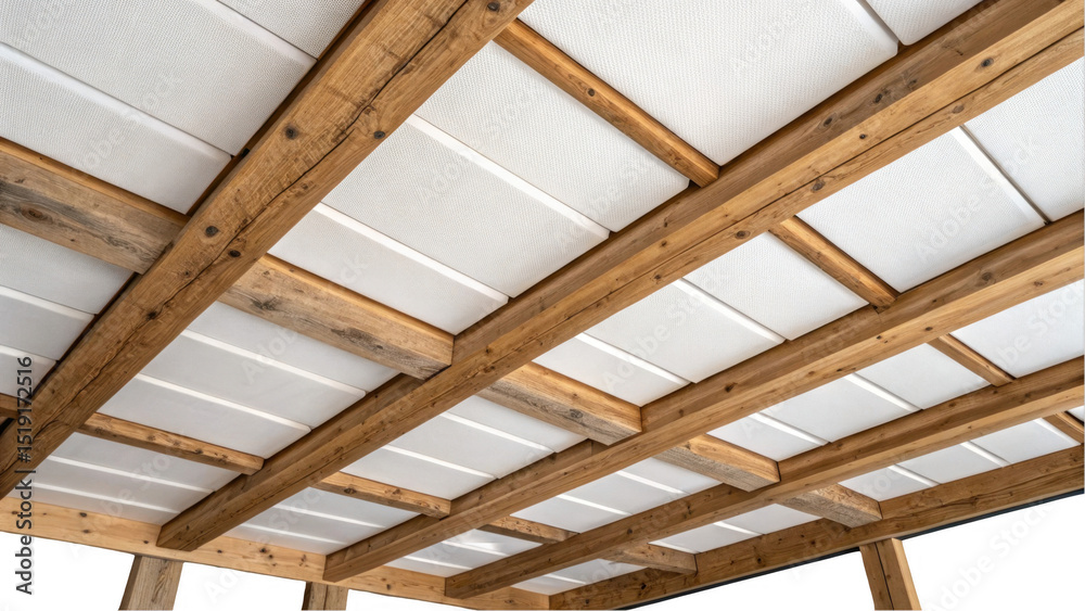 Obraz premium Wooden beams supporting sleek white ceiling panels against a transparent background, showcasing a modern and stylish architectural design that enhances interior spaces with elegance