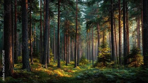 Captivating sunlight pierces through the dense canopy of a lush forest landscape