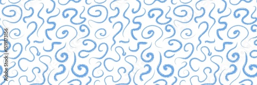 Seamless abstract pattern with blue hand-drawn swirls and curved lines on a white background in a playful artistic style. Watercolor style