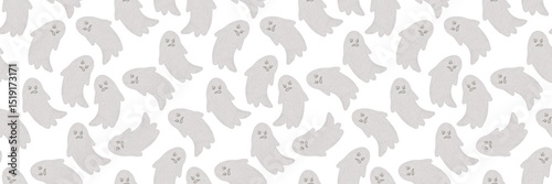 Seamless pattern of gray cartoon ghost characters with angry faces on a white background in a playful Halloween-themed. Watercolor style